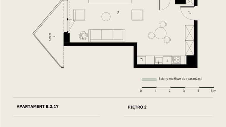 Rzut - Mieszkanie na sprzedaż 1 pokój o powierzchni 36,69 m² - numer B/2/17 w Ogrodowa 12