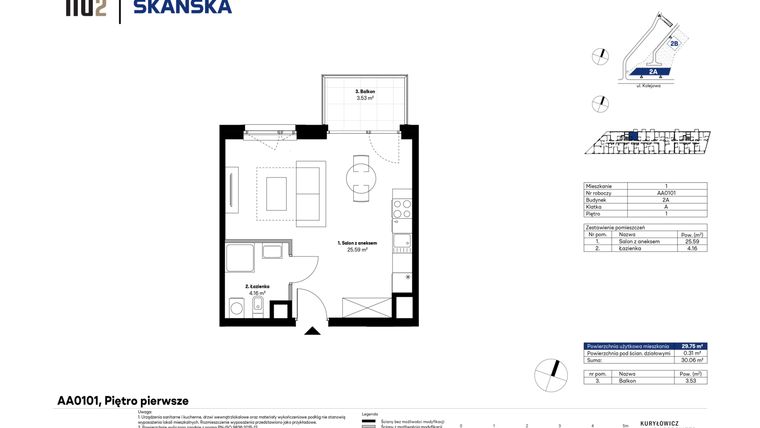 Rzut - Mieszkanie na sprzedaż 1 pokój o powierzchni 29,75 m² - numer AA0101 w NU2 Warszawa Wola - apartamenty wykończone pod klucz