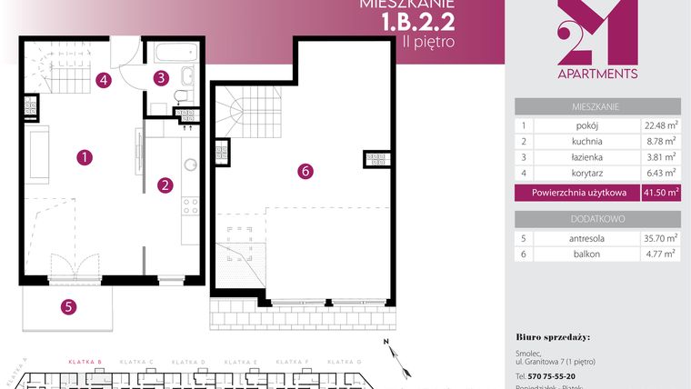 Rzut - Mieszkanie na sprzedaż 2 pokoje o powierzchni 77,2 m² - numer 1.B.2.2 w Maślice Wrocław Milo Dobry Deweloper etap IV