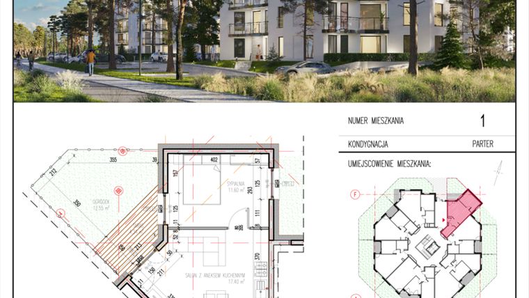 Rzut - Mieszkanie na sprzedaż 2 pokoje o powierzchni 37,23 m² - numer 1 w Grasera 12