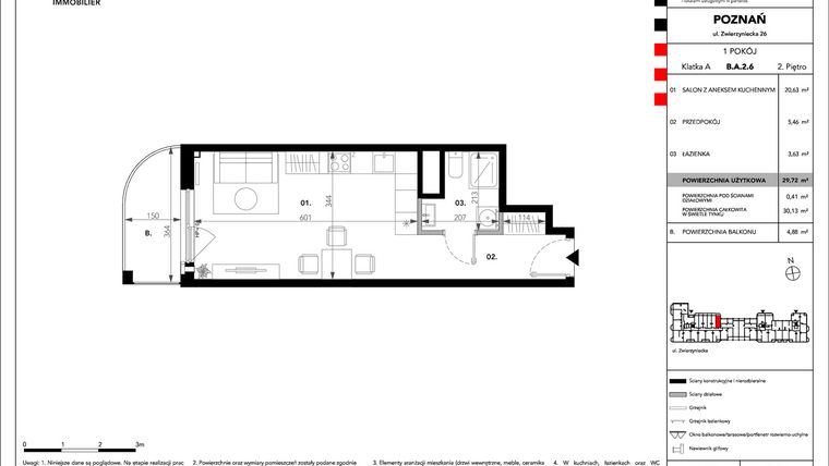 Rzut - Mieszkanie na sprzedaż 1 pokój o powierzchni 29,72 m² - numer B.A.2.6 w Zajezdnia