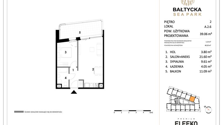 Rzut - Mieszkanie na sprzedaż 2 pokoje o powierzchni 39,06 m² - numer A.2.6 w Bałtycka Sea Park