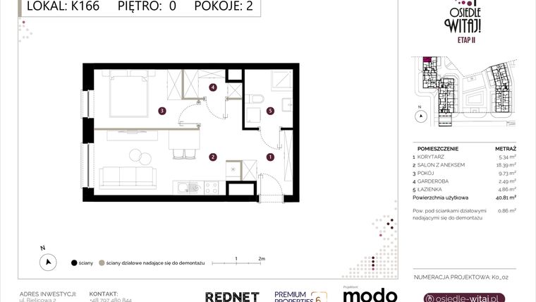 Rzut - Mieszkanie na sprzedaż 2 pokoje o powierzchni 41,67 m² - numer K166 w Osiedle Witaj etap II