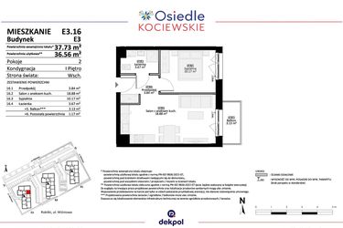 Rzut - Mieszkanie na sprzedaż 2 pokoje o powierzchni 36,56 m² - numer E3.16* w Osiedle Kociewskie bud. E
