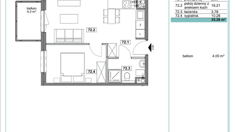 Rzut - Mieszkanie na sprzedaż 2 pokoje o powierzchni 35,36 m² - numer D.72 w Osiedle Kościuszki etap II