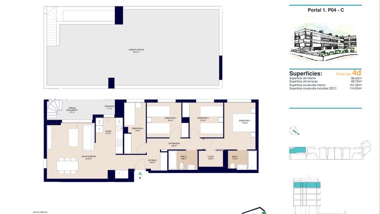 Rzut - Mieszkanie na sprzedaż 4 pokoje o powierzchni 114,03 m² - numer 4-C-1 w Apartamenty w Alicante - 78385858