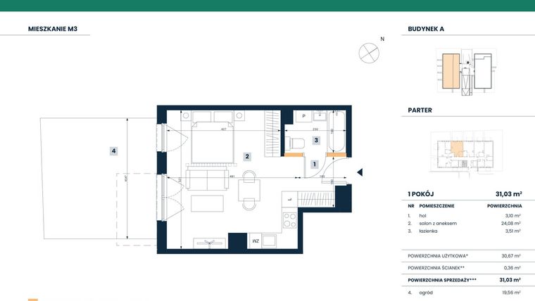 Rzut - Mieszkanie na sprzedaż 2 pokoje o powierzchni 31,03 m² - numer M03 w Reneta