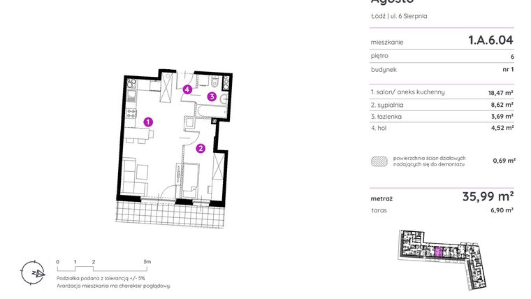 Rzut - Mieszkanie na sprzedaż 2 pokoje o powierzchni 35,87 m² - numer 1.A.6.04 w Murapol Agosto