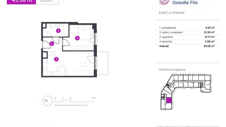 Rzut - Mieszkanie na sprzedaż 2 pokoje o powierzchni 43,5 m² - numer 2.A.6.02 w Murapol Osiedle Filo etap II