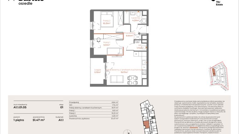Rzut - Mieszkanie na sprzedaż 3 pokoje o powierzchni 51,47 m² - numer A1.1-01.05 w Sarnie Osiedle