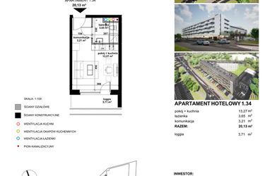 Rzut - Mieszkanie na sprzedaż 1 pokój o powierzchni 20,23 m² - numer 1.34 w Apartamentowiec Zwycięska 3 - inwestycyjne