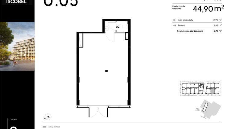 Rzut - Lokal użytkowy na sprzedaż 1 pokój o powierzchni 45,31 m² - numer U.05 w Browar HUGO SCOBEL