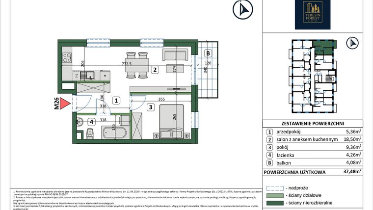 Rzut - Mieszkanie na sprzedaż 2 pokoje o powierzchni 37,48 m² - numer 26 w Osiedle przy Sportowej etap III