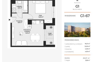 Rzut - Mieszkanie na sprzedaż 2 pokoje o powierzchni 39,57 m² - numer G1-67 w Piasta Park VI