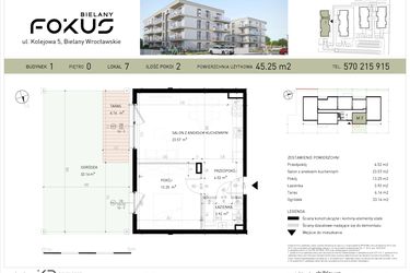 Rzut - Mieszkanie na sprzedaż 2 pokoje o powierzchni 45,25 m² - numer B1-7 w Fokus Bielany