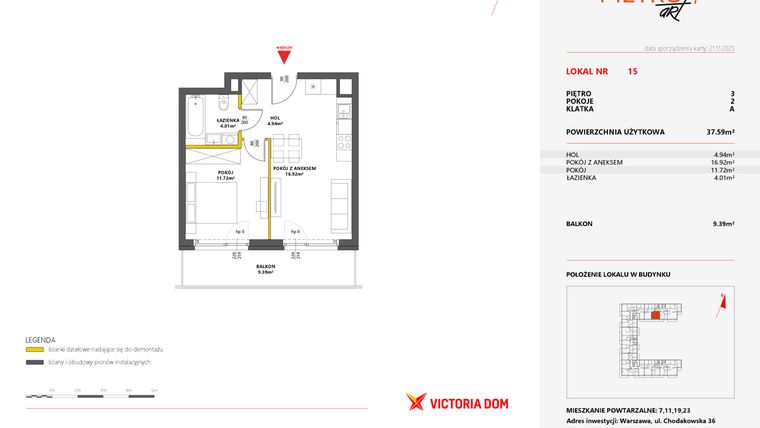 Rzut - Mieszkanie na sprzedaż 2 pokoje o powierzchni 37,59 m² - numer 15 w Metro Art 7