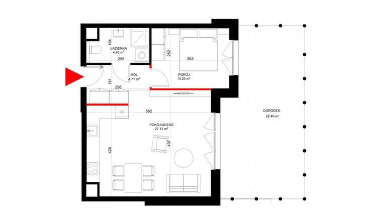 Rzut - Mieszkanie na sprzedaż 2 pokoje o powierzchni 46,55 m² - numer F.0.3 w INSPIRE ETAP V – bud. F, G
