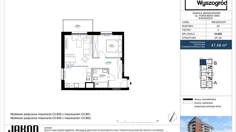 Rzut - Mieszkanie na sprzedaż 2 pokoje o powierzchni 47,48 m² - numer C2.B52 w Nowy Wyszogród etap II