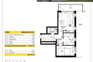 Rzut - Mieszkanie na sprzedaż 3 pokoje o powierzchni 63,6 m² - numer B 1.04 w Park Moniuszki II C