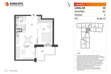 Rzut - Mieszkanie na sprzedaż 2 pokoje o powierzchni 43,85 m² - numer 50 w Locus 2 bud. B2
