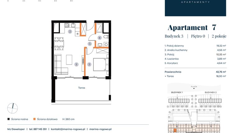 Rzut - Mieszkanie na sprzedaż 2 pokoje o powierzchni 42,76 m² - numer 7 w Apartamenty Marina Rogowo