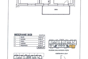 Rzut - Mieszkanie na sprzedaż 2 pokoje o powierzchni 45,09 m² - numer 38/28 w Osiedle Jodłowa bud. D