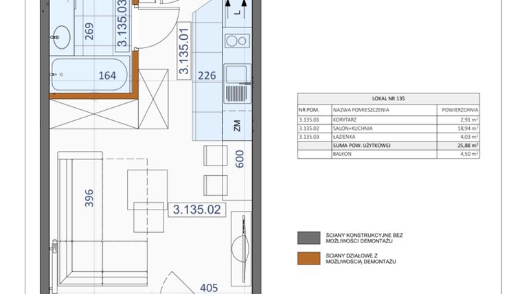 Rzut - Mieszkanie na sprzedaż 1 pokój o powierzchni 25,88 m² - numer 135 w Osiedle Zycha