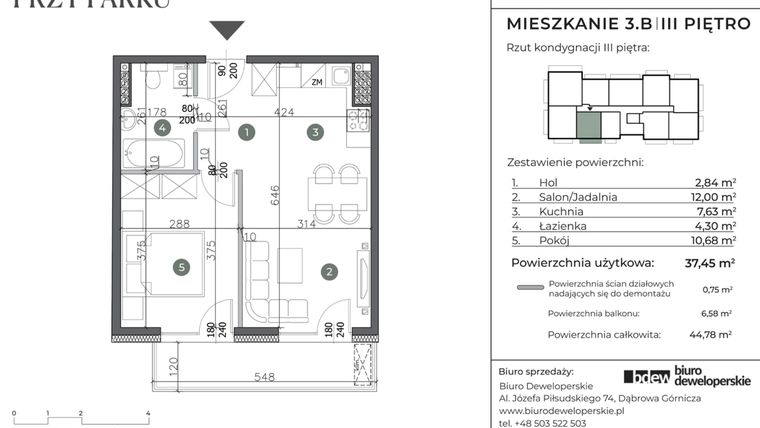 Rzut - Mieszkanie na sprzedaż 2 pokoje o powierzchni 37,45 m² - numer 3.B w Willa przy parku