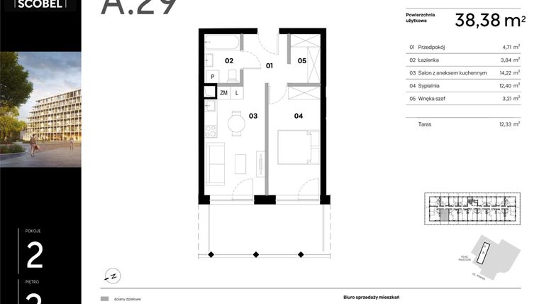 Rzut - Mieszkanie na sprzedaż 2 pokoje o powierzchni 38,38 m² - numer A.29 w Browar HUGO SCOBEL