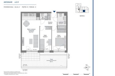 Rzut - Mieszkanie na sprzedaż 3 pokoje o powierzchni 60,26 m² - numer A.0.9 w Linea bud. A