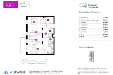 Rzut - Mieszkanie na sprzedaż 2 pokoje o powierzchni 61,83 m² - numer 3.A.2.07 w Murapol Trzy Lipki etap II