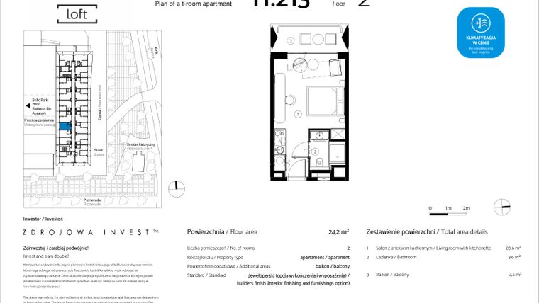 Rzut - Mieszkanie na sprzedaż 1 pokój o powierzchni 24,2 m² - numer H.213 w Baltic Park Loft
