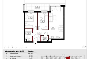 Rzut - Mieszkanie na sprzedaż 3 pokoje o powierzchni 62,06 m² - numer A02.0.38 w Skwer Witosa