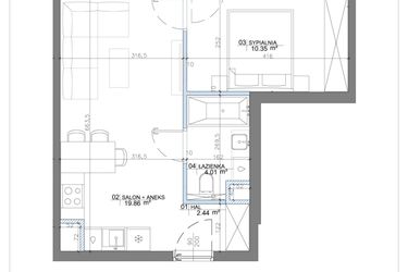 Rzut - Mieszkanie na sprzedaż 2 pokoje o powierzchni 37,43 m² - numer 3.11 w Apartamenty Potulickiego
