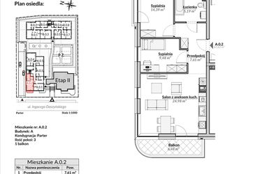 Rzut - Mieszkanie na sprzedaż 3 pokoje o powierzchni 61,63 m² - numer A.0.2 w Nowa Fregata