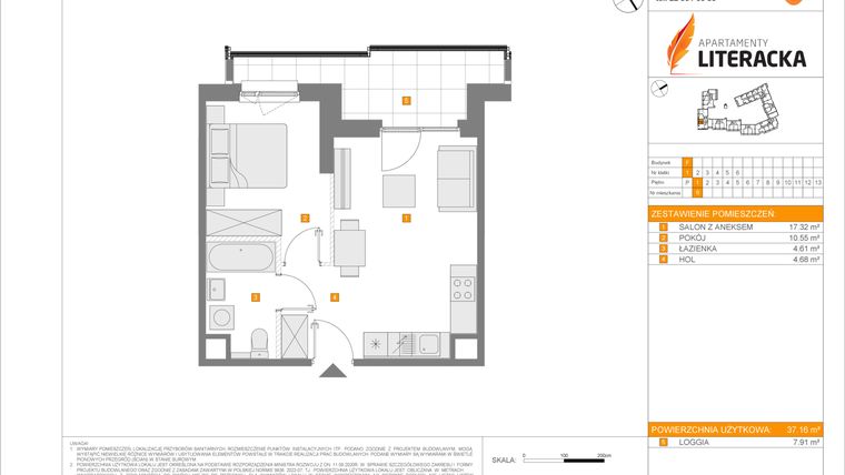 Rzut - Mieszkanie na sprzedaż 2 pokoje o powierzchni 37,16 m² - numer F.6 w Apartamenty Literacka etap 2.3