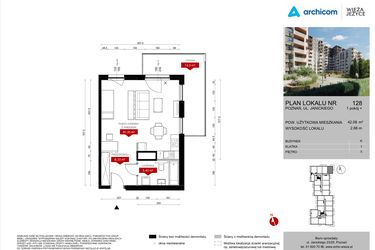 Rzut - Mieszkanie na sprzedaż 1 pokój o powierzchni 42,08 m² - numer K.128 w Wieża Jeżyce etap V