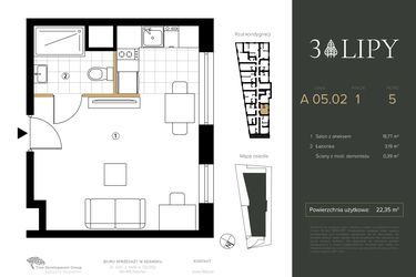 Rzut - Mieszkanie na sprzedaż 1 pokój o powierzchni 22,35 m² - numer A.05.02 w 3 lipy