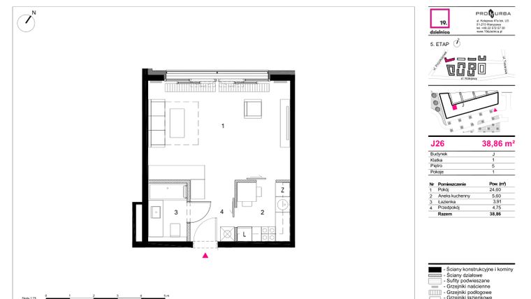 Rzut - Mieszkanie na sprzedaż 1 pokój o powierzchni 38,86 m² - numer J26 w 19. Dzielnica Etap V