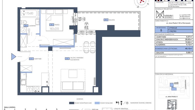 Rzut - Mieszkanie na sprzedaż 2 pokoje o powierzchni 49,15 m² - numer 5 w Apartamenty Jana Pawła 34