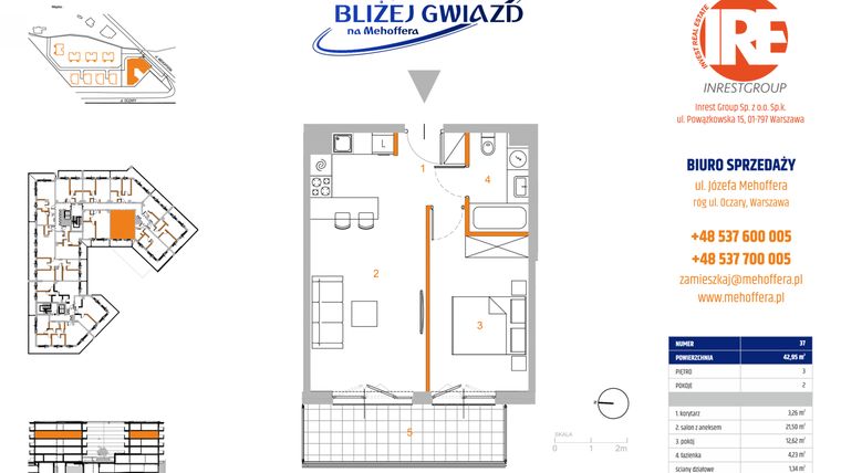 Rzut - Mieszkanie na sprzedaż 2 pokoje o powierzchni 42,95 m² - numer 37 w Bliżej Gwiazd na Mehoffera