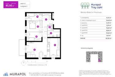 Rzut - Mieszkanie na sprzedaż 5 pokoi o powierzchni 83,85 m² - numer 2.B.2.08 w Murapol Trzy Lipki etap II