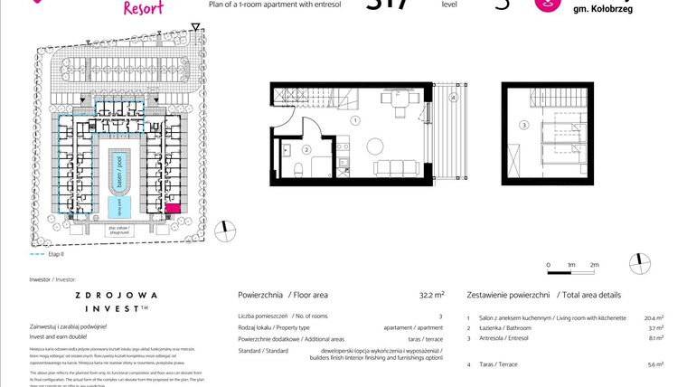 Rzut - Mieszkanie na sprzedaż 1 pokój o powierzchni 32,2 m² - numer 317 w VacationClub Resort