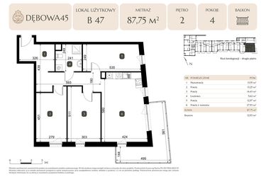 Rzut - Lokal użytkowy na sprzedaż 4 pokoje o powierzchni 87,75 m² - numer B.47 - LU8 w Dębowa 45