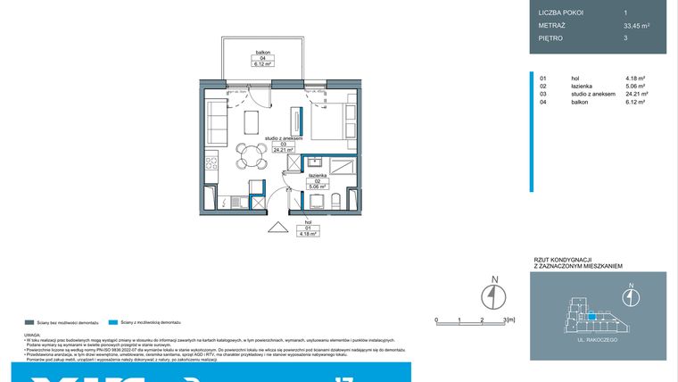 Rzut - Mieszkanie na sprzedaż 1 pokój o powierzchni 33,41 m² - numer A.3.1 w Rakoczego 17