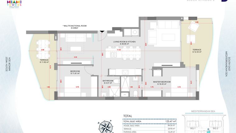 Rzut - Mieszkanie na sprzedaż 3 pokoje o powierzchni 123,47 m² - numer P2-BL3-D w Miami Towers