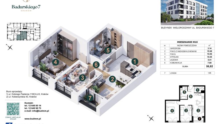 Rzut - Mieszkanie na sprzedaż 3 pokoje o powierzchni 56,82 m² - numer 10 w Badurskiego 7