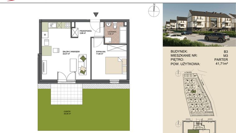 Rzut - Mieszkanie na sprzedaż 2 pokoje o powierzchni 41,71 m² - numer B3/3 w Osiedle Przy Lipowej