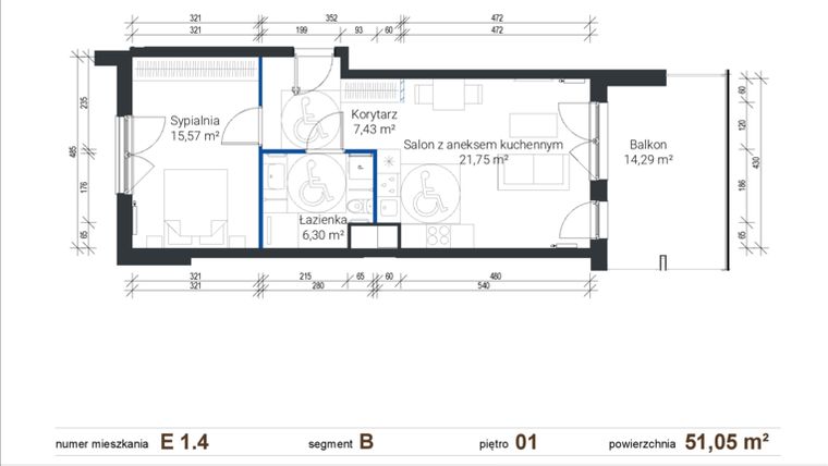 Rzut - Mieszkanie na sprzedaż 2 pokoje o powierzchni 51,05 m² - numer E 1.4 w Nowe Zabłocie