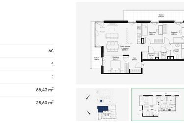 Rzut - Mieszkanie na sprzedaż 4 pokoje o powierzchni 88,43 m² - numer 6C0107 w Jaśminowy Mokotów etap VI